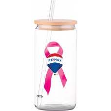 Promotional Product - RE/MAX Breast Cancer Awareness 16 oz Glass Tumbler w/Lid & Straw