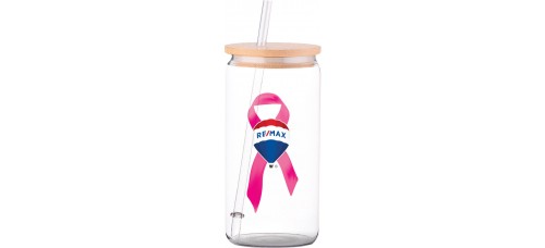 Promotional Product - RE/MAX Breast Cancer Awareness 16 oz Glass Tumbler w/Lid & Straw