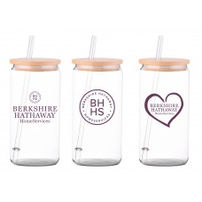 Promotional Product - Berkshire Hathaway 16 oz Glass Tumbler with Bamboo Lid & Straw