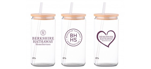 Promotional Product - Berkshire Hathaway 16 oz Glass Tumbler with Bamboo Lid & Straw