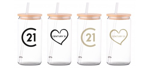 Promotional Product - Century 21 16 oz Glass Tumbler with Bamboo Lid & Straw