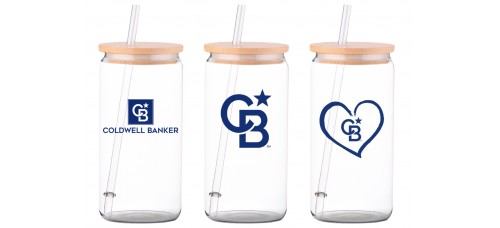 Promotional Product - Coldwell Banker 16 oz Glass Tumbler with Bamboo Lid & Straw