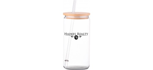 Promotional Product - Haines Realty 16 oz Glass Tumbler with Bamboo Lid & Straw