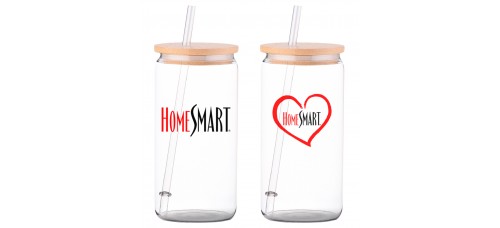 Promotional Product - HomeSmart 16 oz Glass Tumbler with Bamboo Lid & Straw
