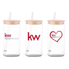 Promotional Product - Keller Williams 16 oz Glass Tumbler with Bamboo Lid & Straw