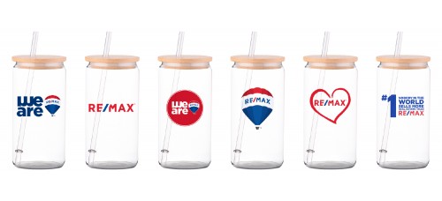 Promotional Product - RE/MAX 16 oz Glass Tumbler with Bamboo Lid & Straw